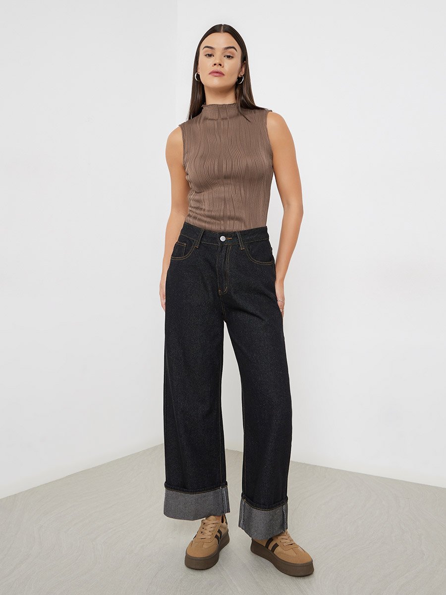Textured Knit High Neck Fitted Tank Top