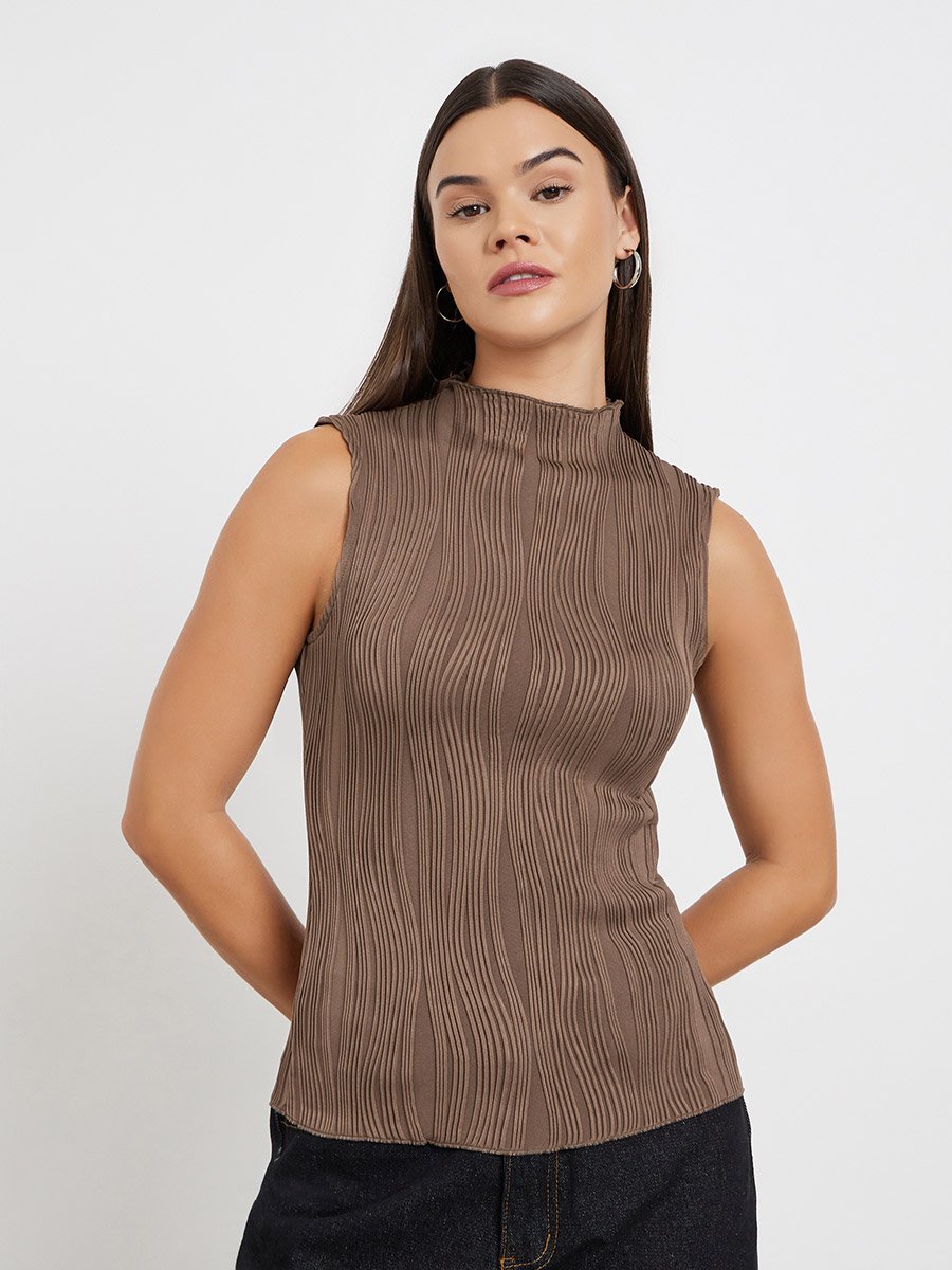 Textured Knit High Neck Fitted Tank Top