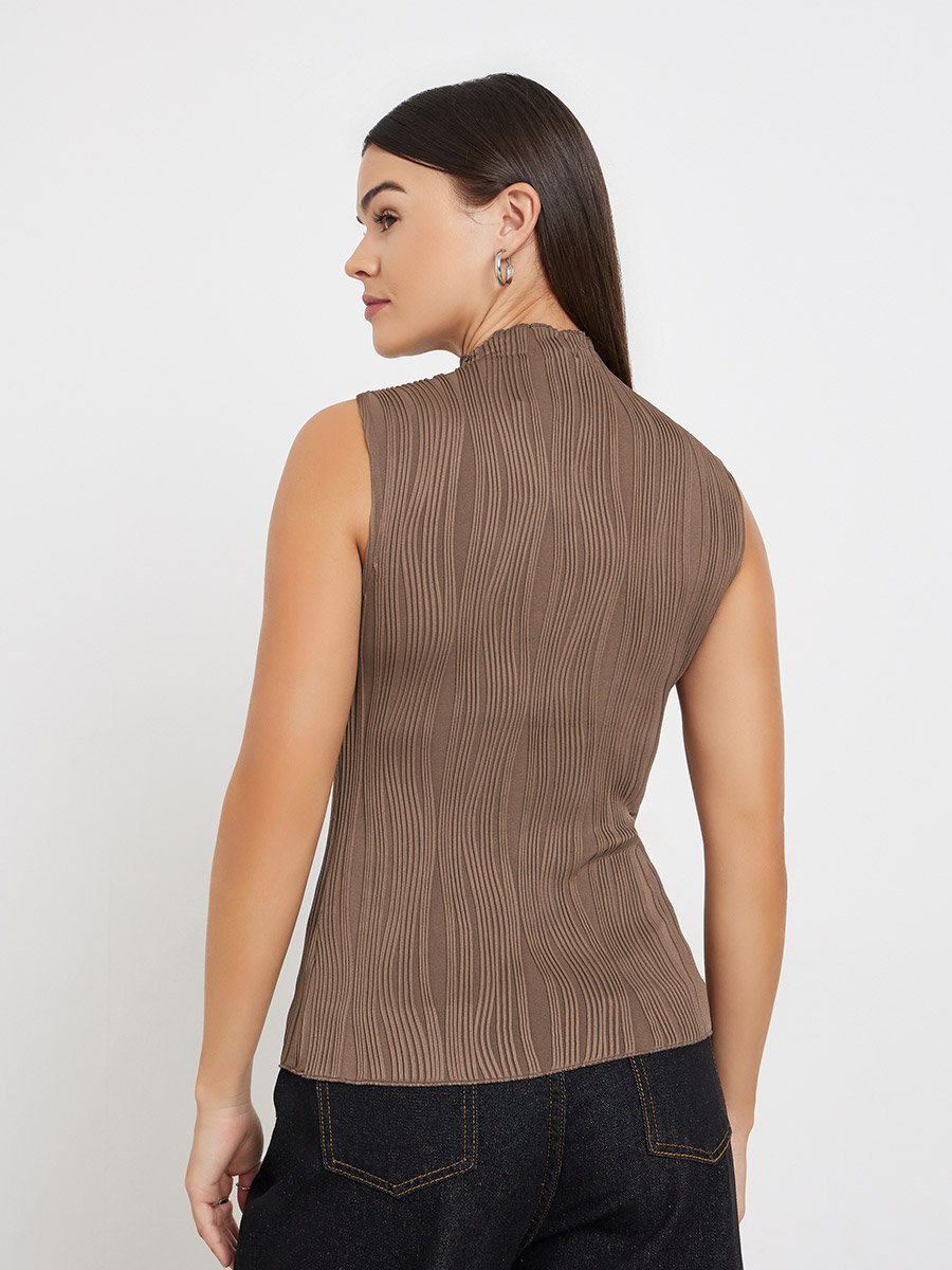 Textured Knit High Neck Fitted Tank Top