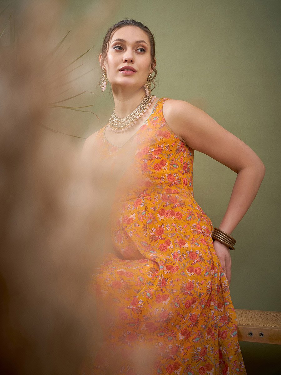 Floral Print Sweetheart Neck Anarkali Kurta