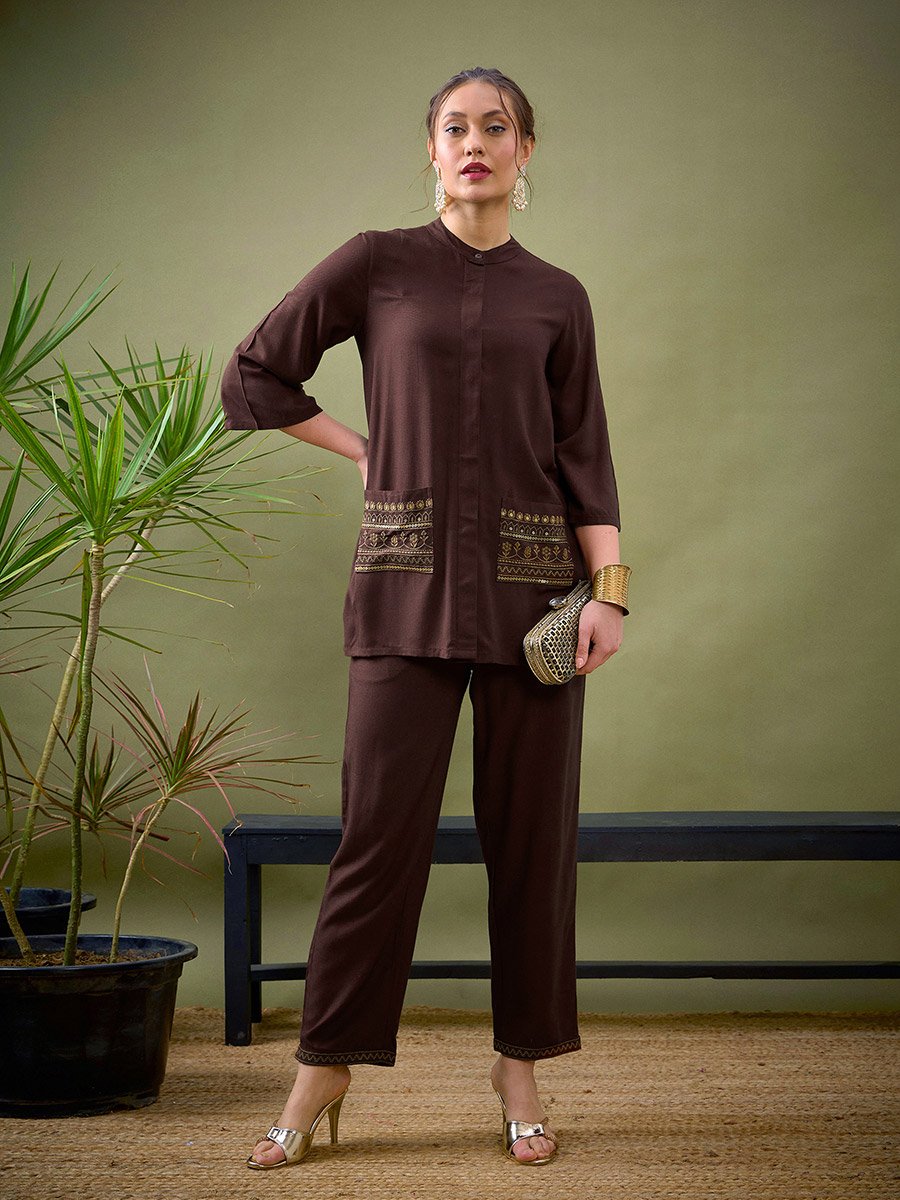 Embroidered Pocket Shirt and Palazzo Set
