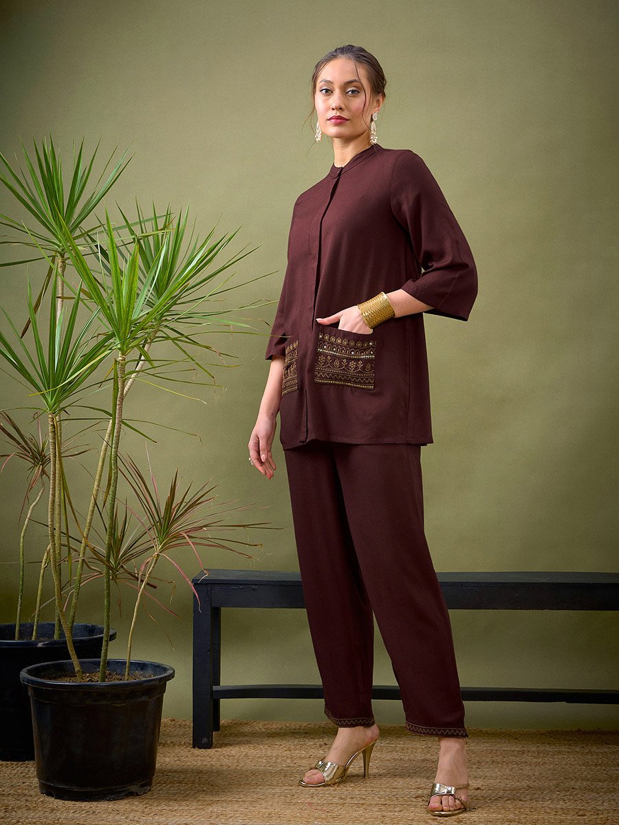 Embroidered Pocket Shirt and Palazzo Set
