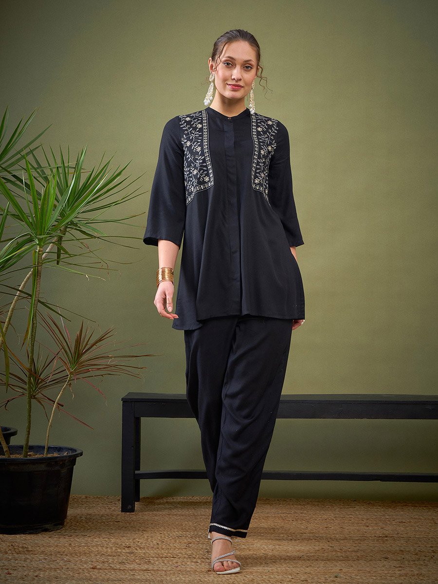 Embroidered Mandarin Collar Shirt and Pants Co-Ords