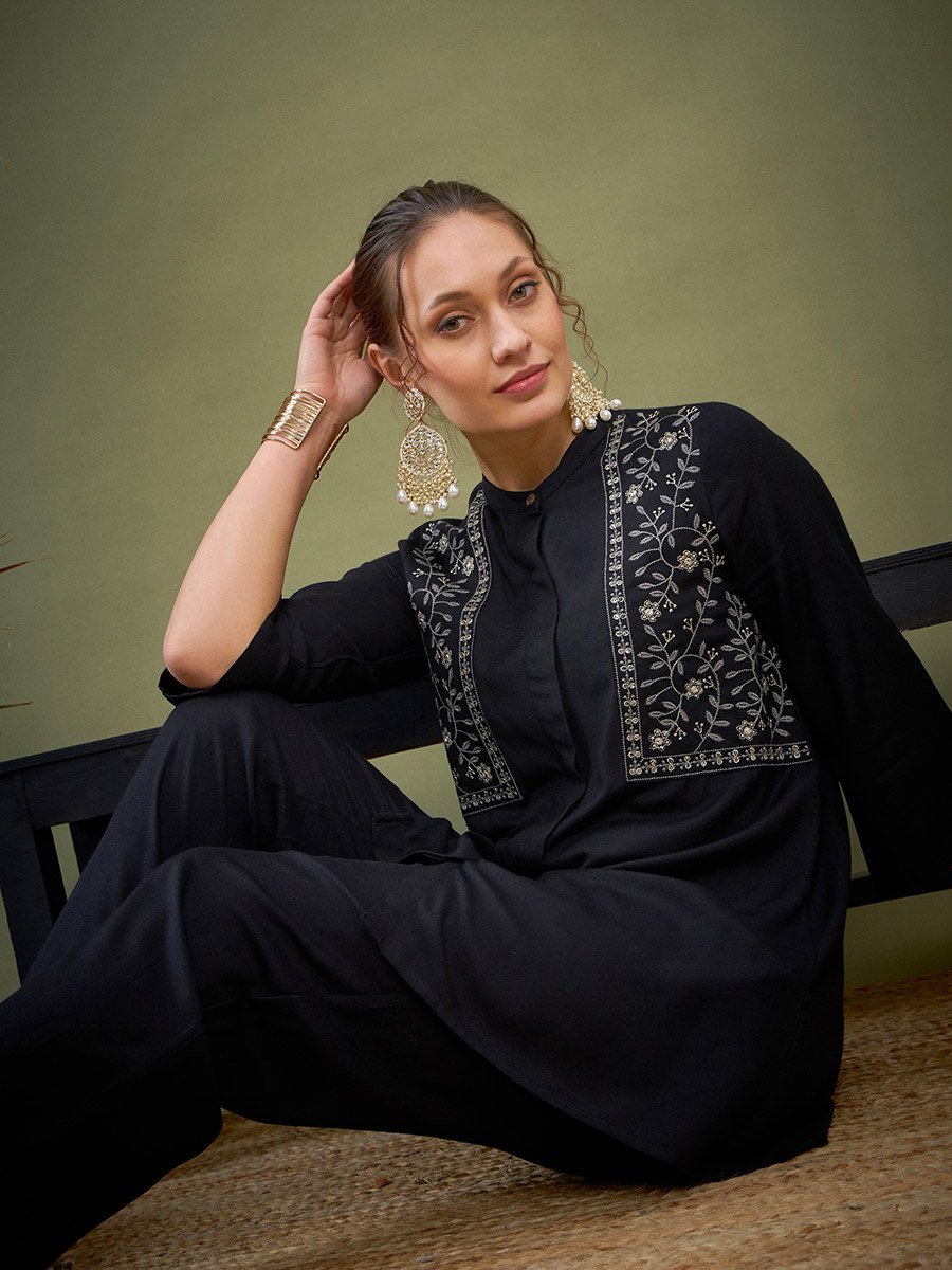 Embroidered Mandarin Collar Shirt and Pants Co-Ords
