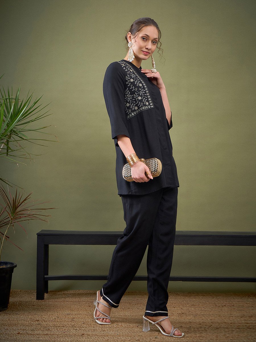 Embroidered Mandarin Collar Shirt and Pants Co-Ords