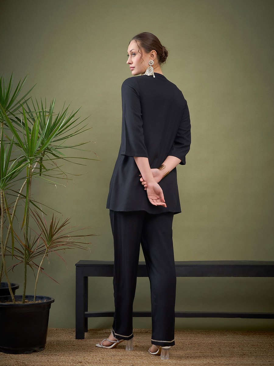 Embroidered Mandarin Collar Shirt and Pants Co-Ords