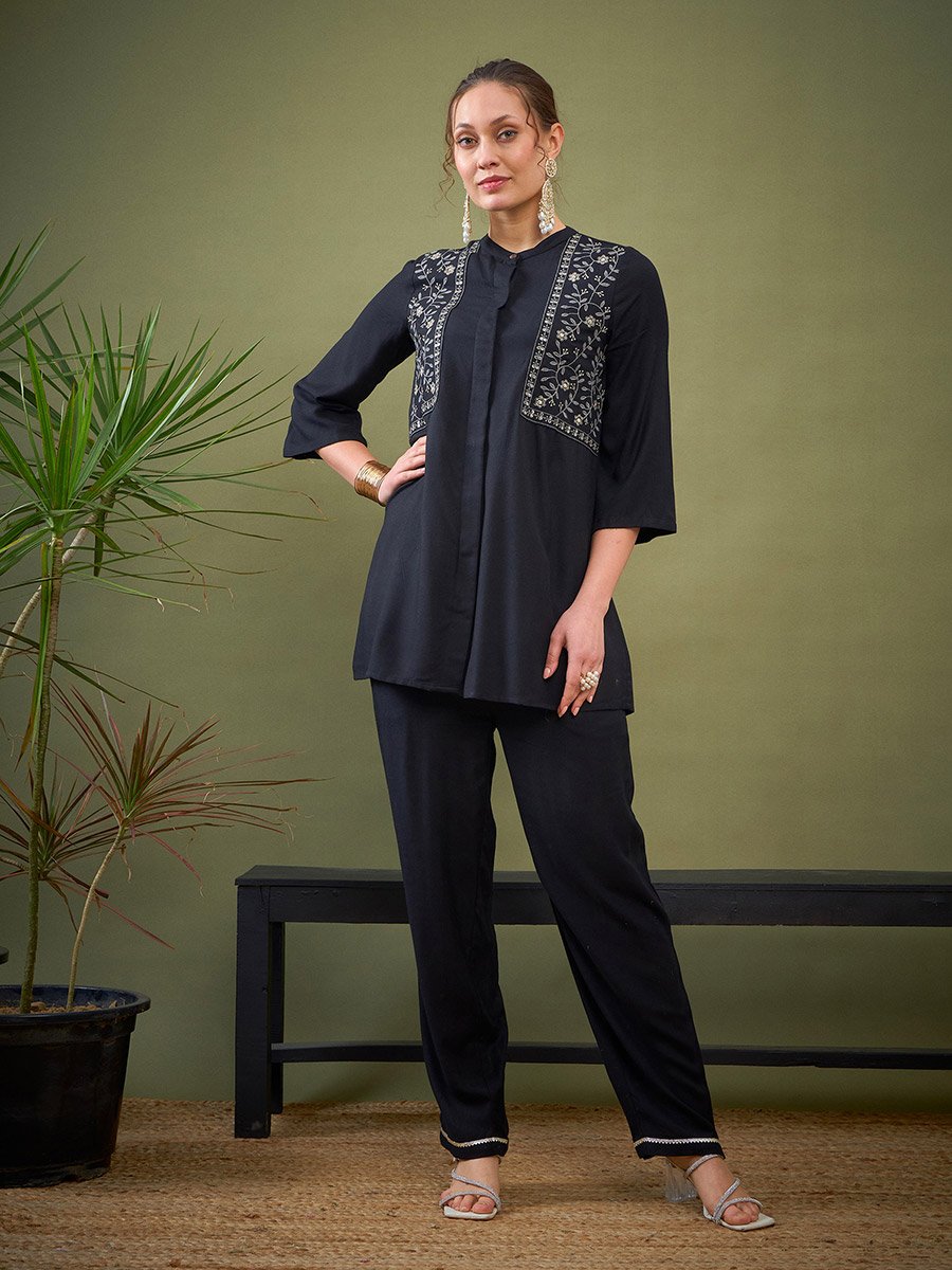 Embroidered Mandarin Collar Shirt and Pants Co-Ords