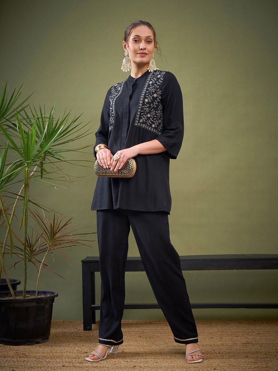 Embroidered Mandarin Collar Shirt and Pants Co-Ords