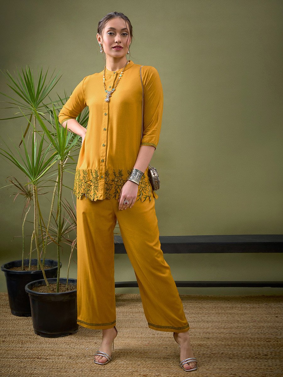 Embroidered Hem Placket Shirt and Pants Co-Ord