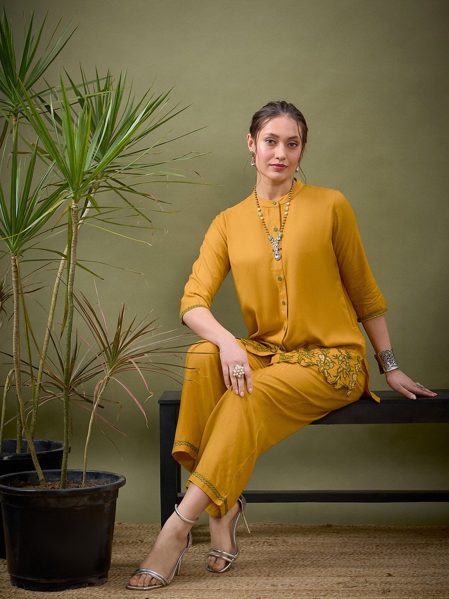 Embroidered Hem Placket Shirt and Pants Co-Ord