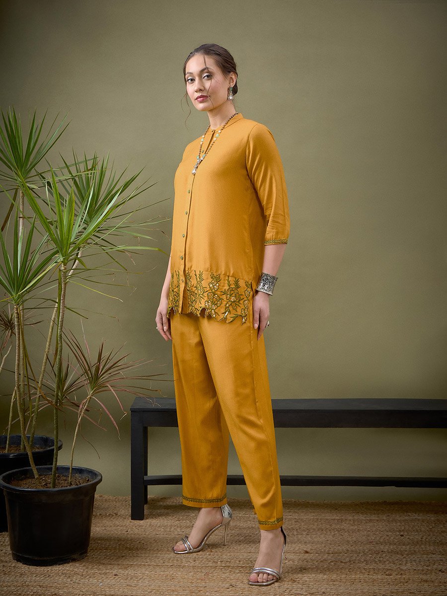 Embroidered Hem Placket Shirt and Pants Co-Ord