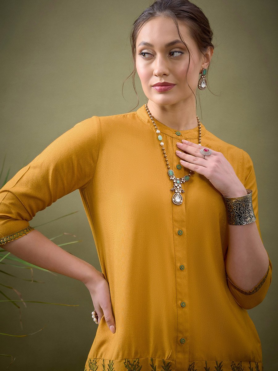 Embroidered Hem Placket Shirt and Pants Co-Ord