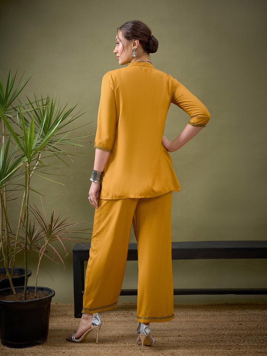 Embroidered Hem Placket Shirt and Pants Co-Ord