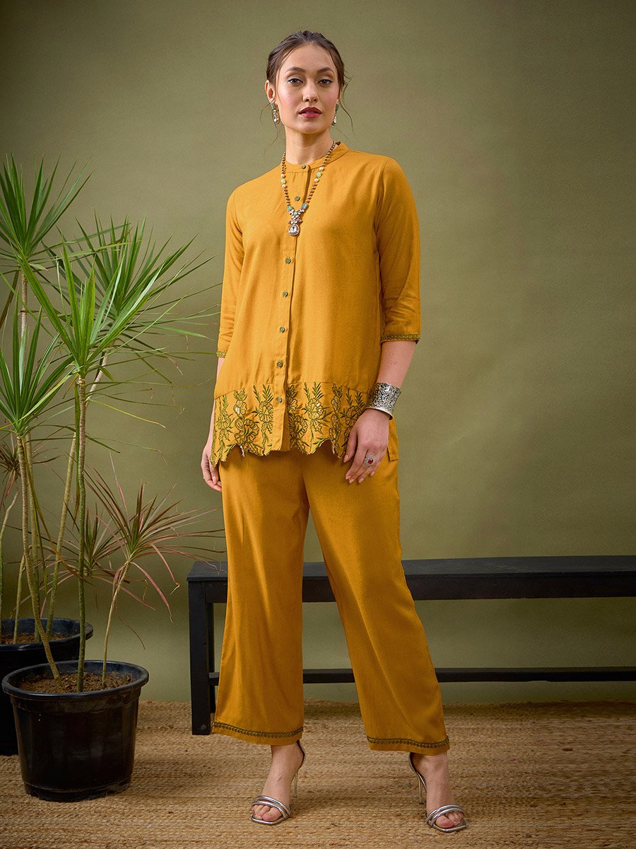 Embroidered Hem Placket Shirt and Pants Co-Ord