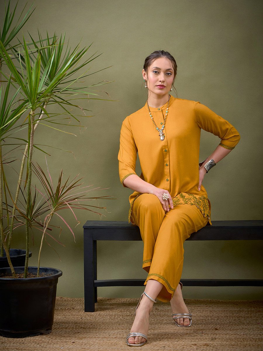Embroidered Hem Placket Shirt and Pants Co-Ord