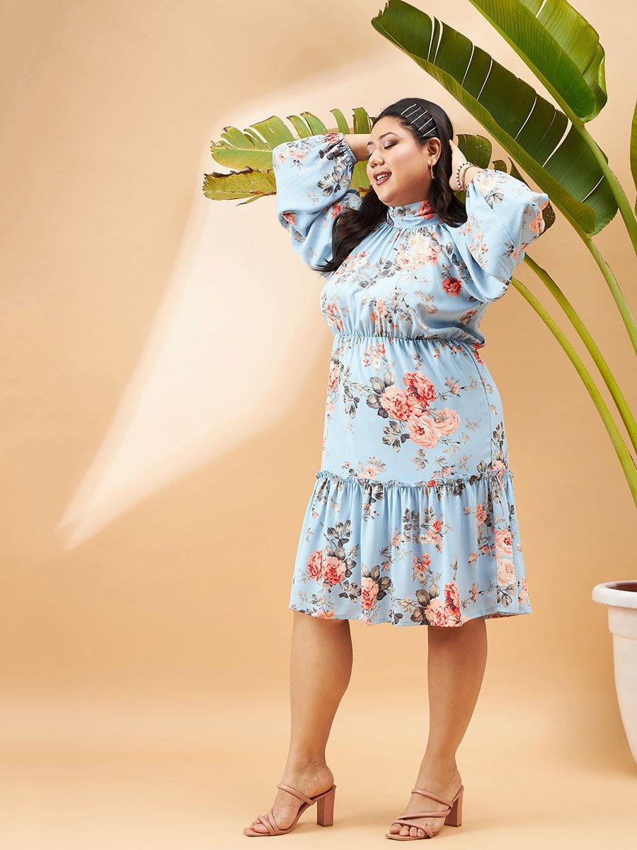 Plus Floral Print Tiered Skater Dress