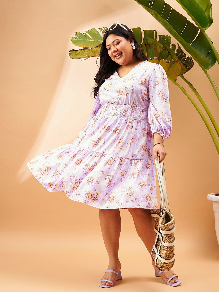 Plus Floral Print V Neck A-Line Midi Dress