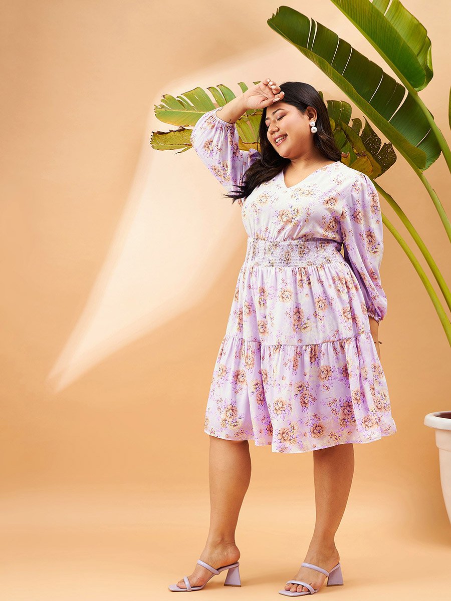Plus Floral Print V Neck A-Line Midi Dress