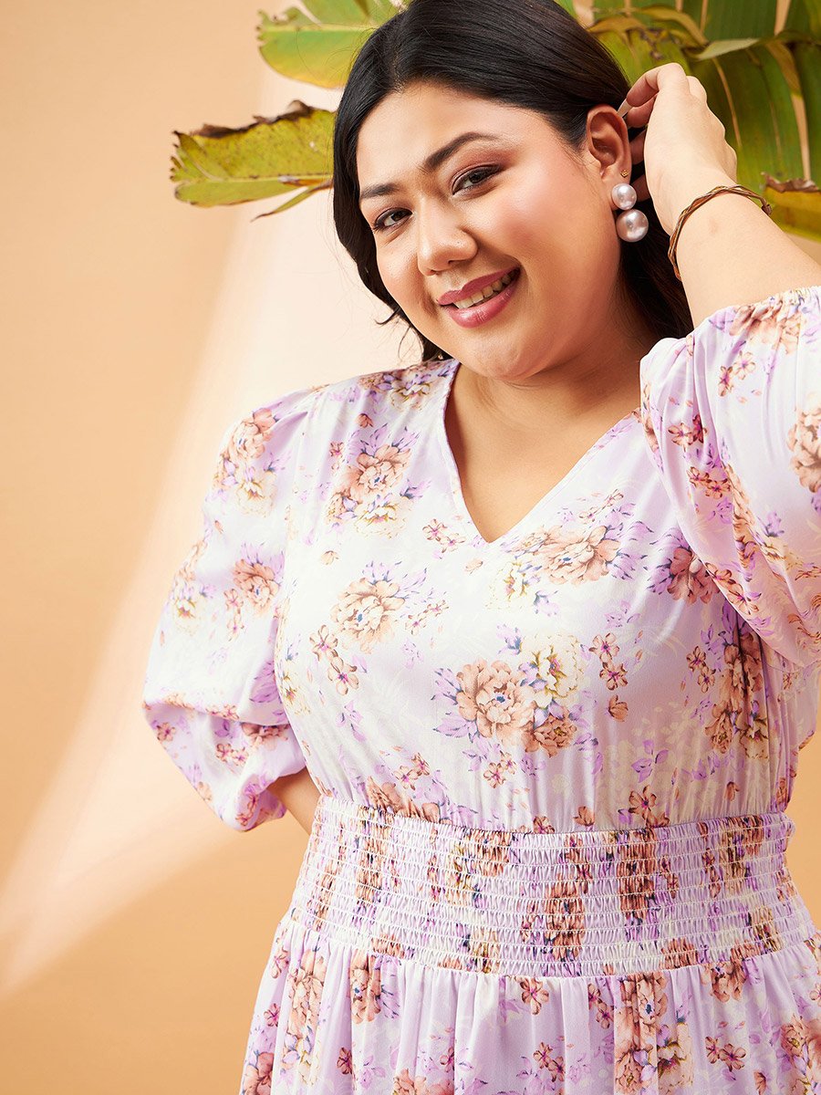 Plus Floral Print V Neck A-Line Midi Dress