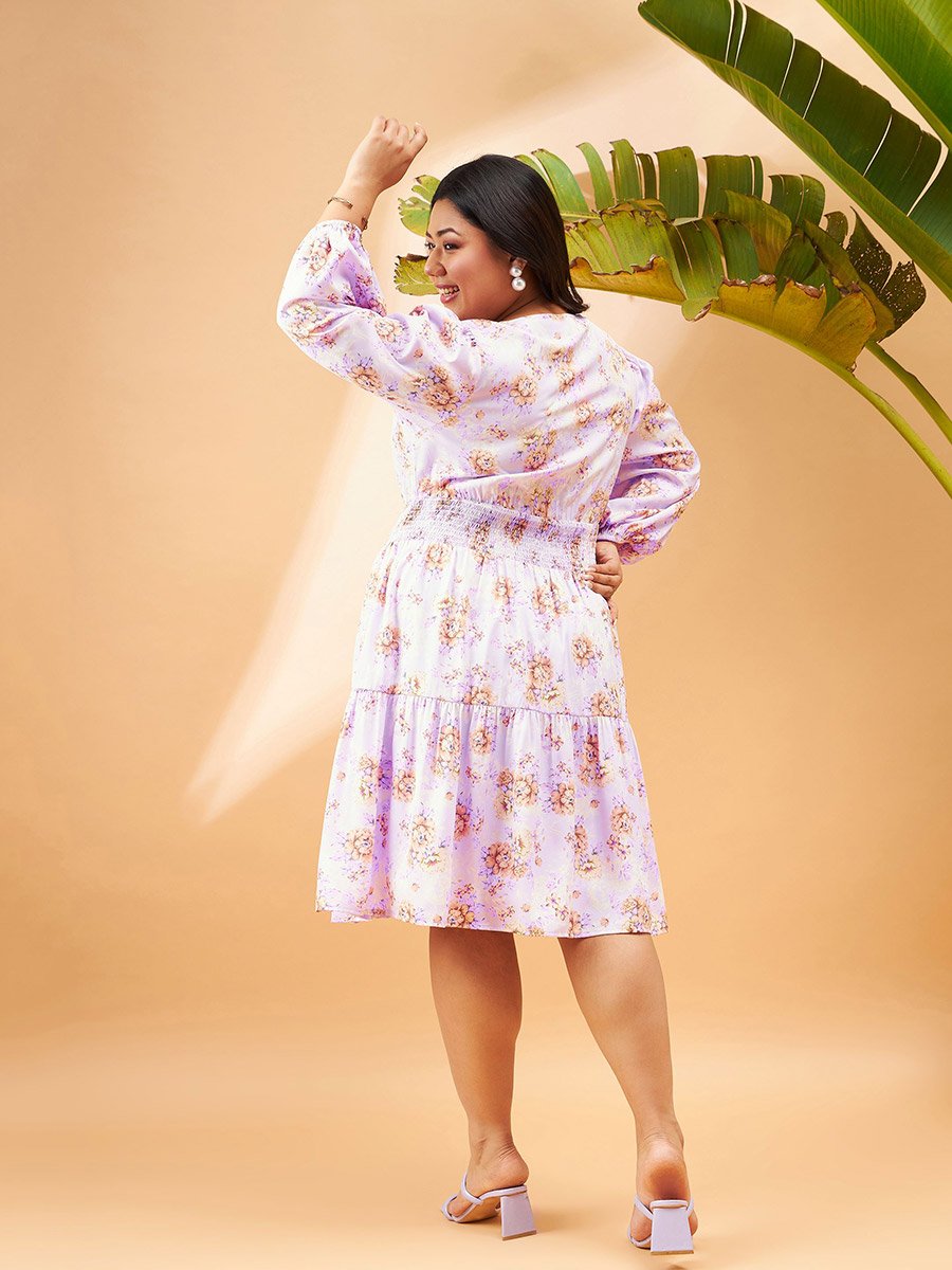 Plus Floral Print V Neck A-Line Midi Dress