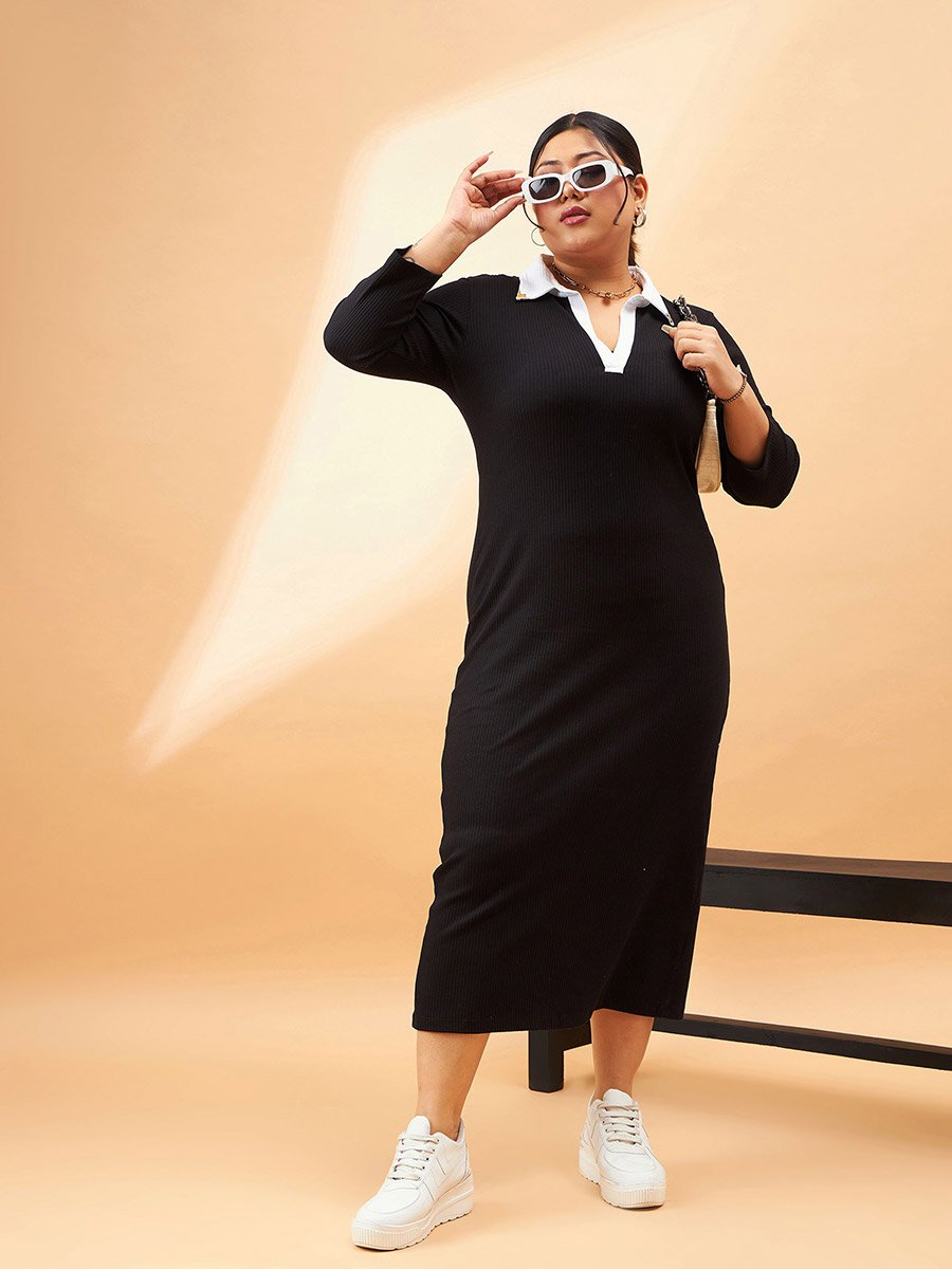 Ribbed Contrast Collar Bodycon Midi Dress