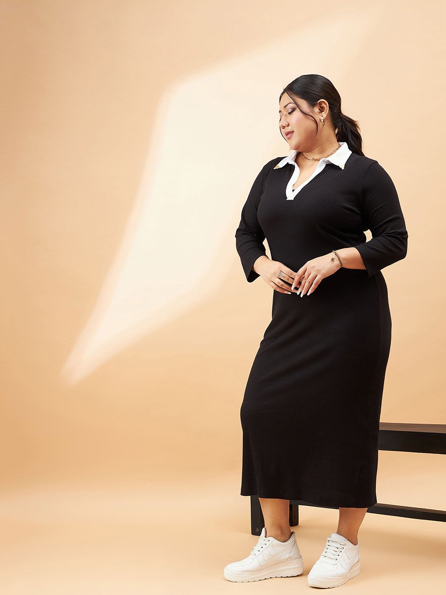 Ribbed Contrast Collar Bodycon Midi Dress