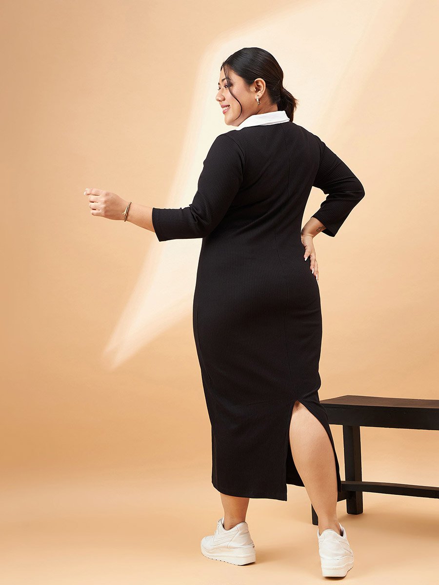 Ribbed Contrast Collar Bodycon Midi Dress