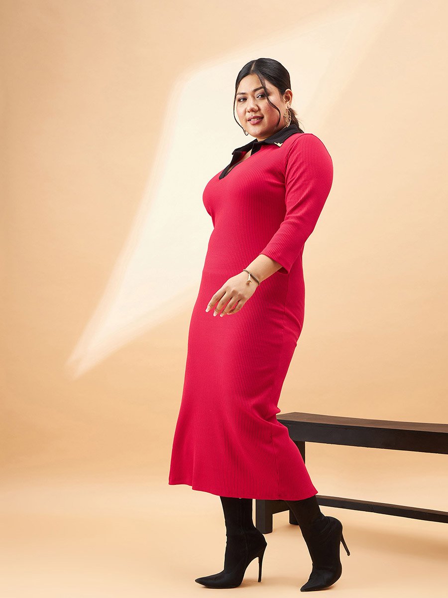 Ribbed Contrast Collar Bodycon Midi Dress