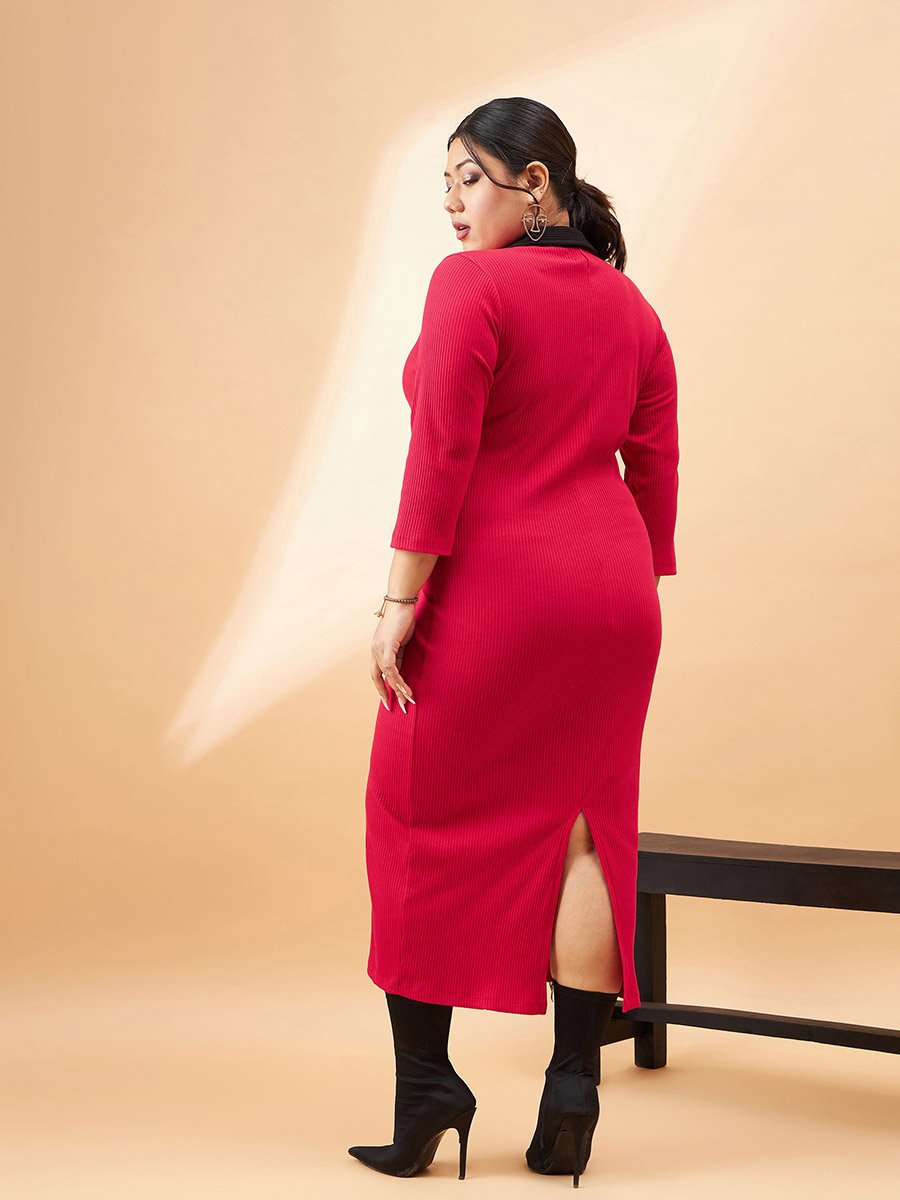 Ribbed Contrast Collar Bodycon Midi Dress