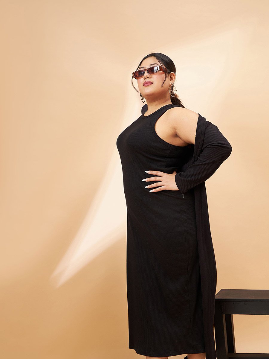 Plus Ribbed Bodycon Midi Dress with Shrug Set For Women at UAE | Styli