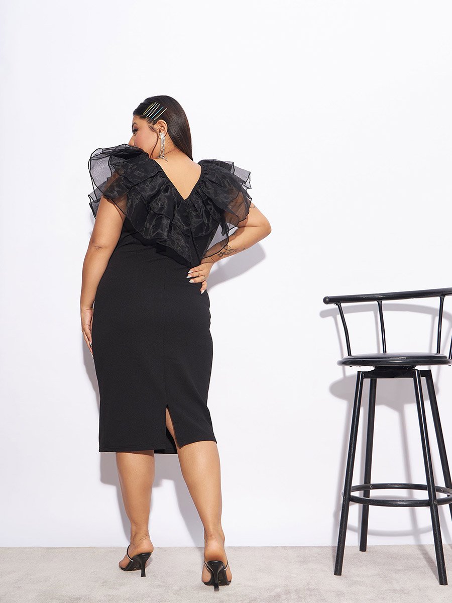 Plus Organza Frill Detail Bodycon Midi Dress