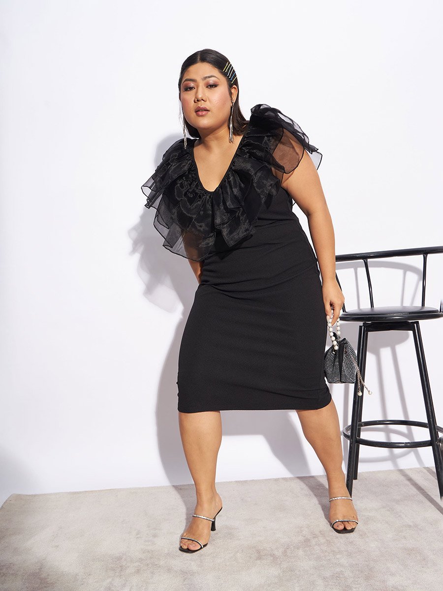 Plus Organza Frill Detail Bodycon Midi Dress