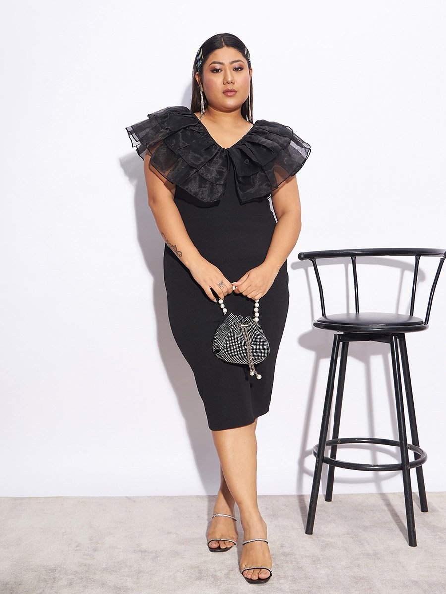 Plus Organza Frill Detail Bodycon Midi Dress