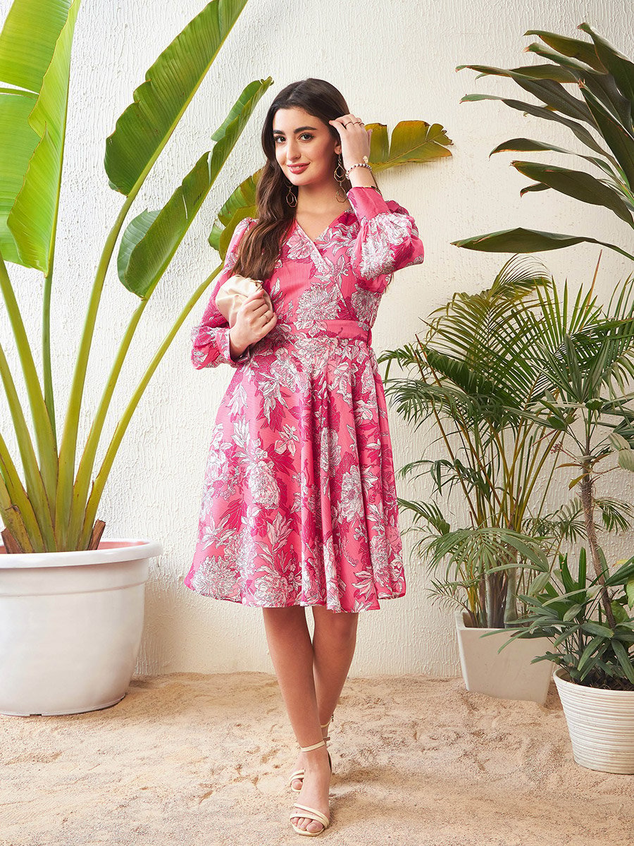 Floral Print Wrap Front Knee Length Dress