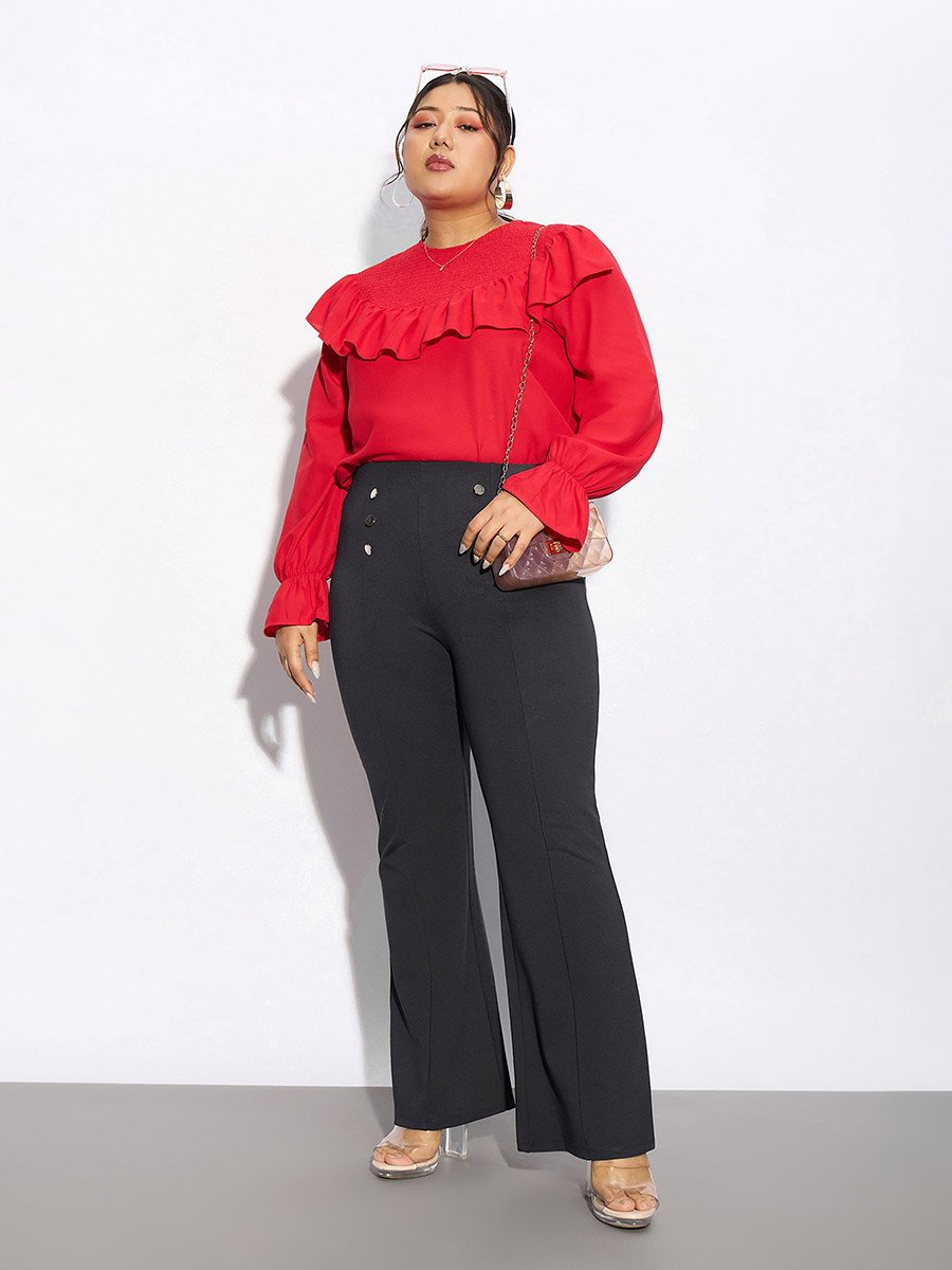 Plus Mock Button Detail Bell Bottom Trouser For Women at Saudi | Styli