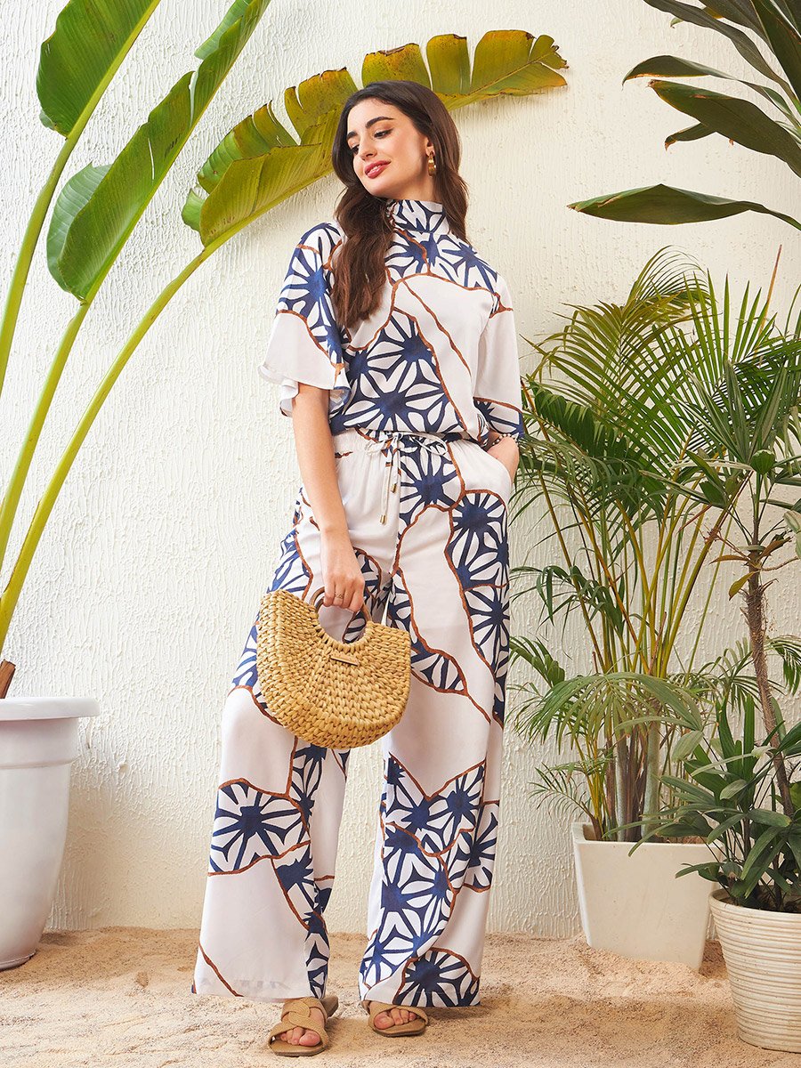 Abstract Print High Neck Top with Short Sleeves and Wide Leg Pants Co-Ord