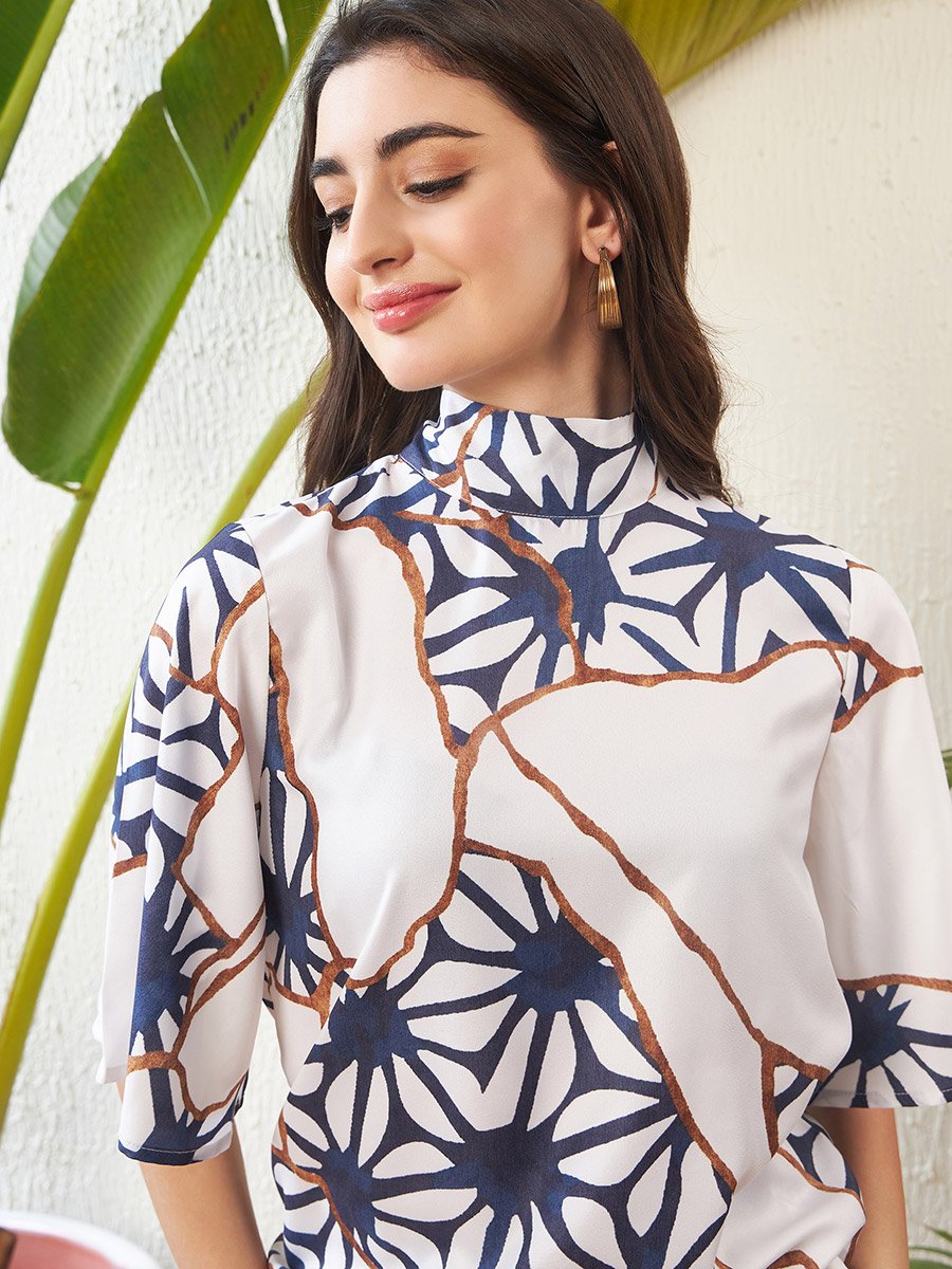Abstract Print High Neck Top with Short Sleeves and Wide Leg Pants Co-Ord