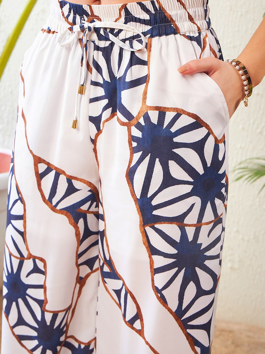 Abstract Print High Neck Top with Short Sleeves and Wide Leg Pants Co-Ord