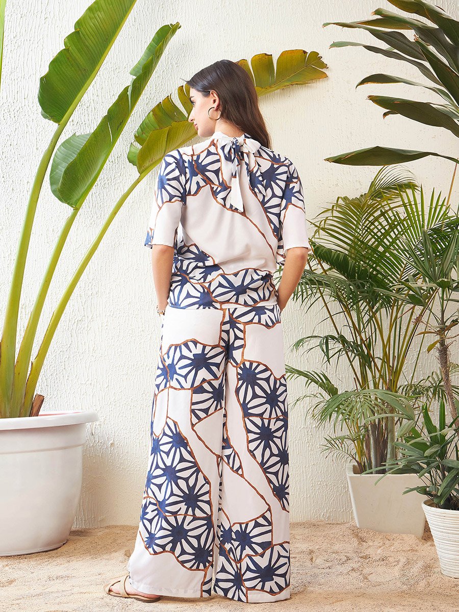 Abstract Print High Neck Top with Short Sleeves and Wide Leg Pants Co-Ord