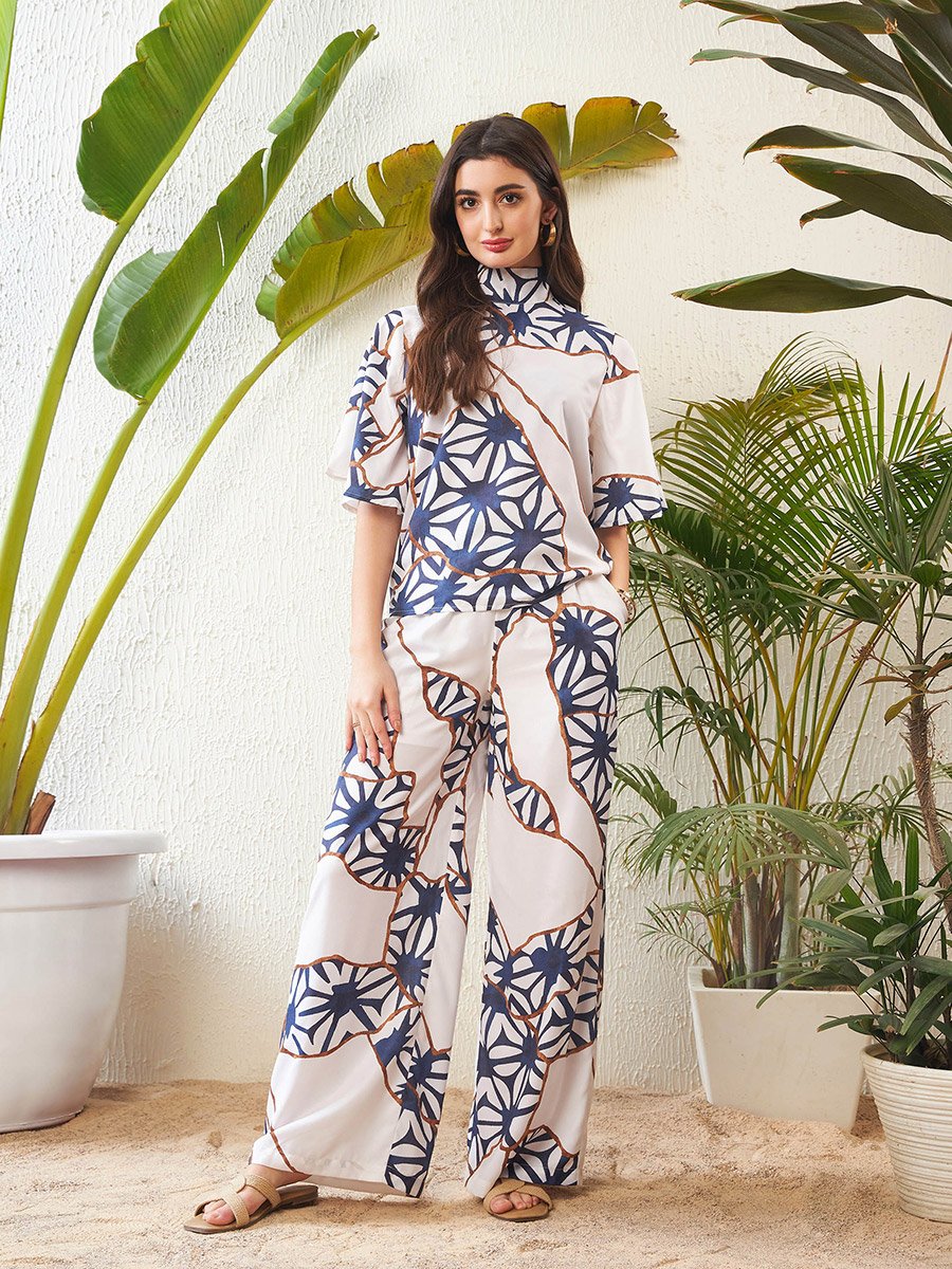 Abstract Print High Neck Top with Short Sleeves and Wide Leg Pants Co-Ord