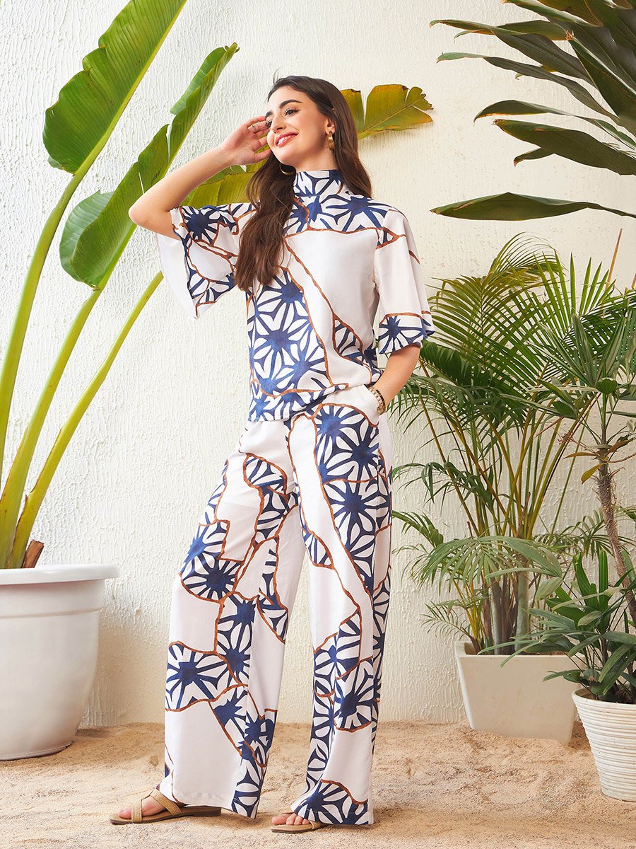 Abstract Print High Neck Top with Short Sleeves and Wide Leg Pants Co-Ord