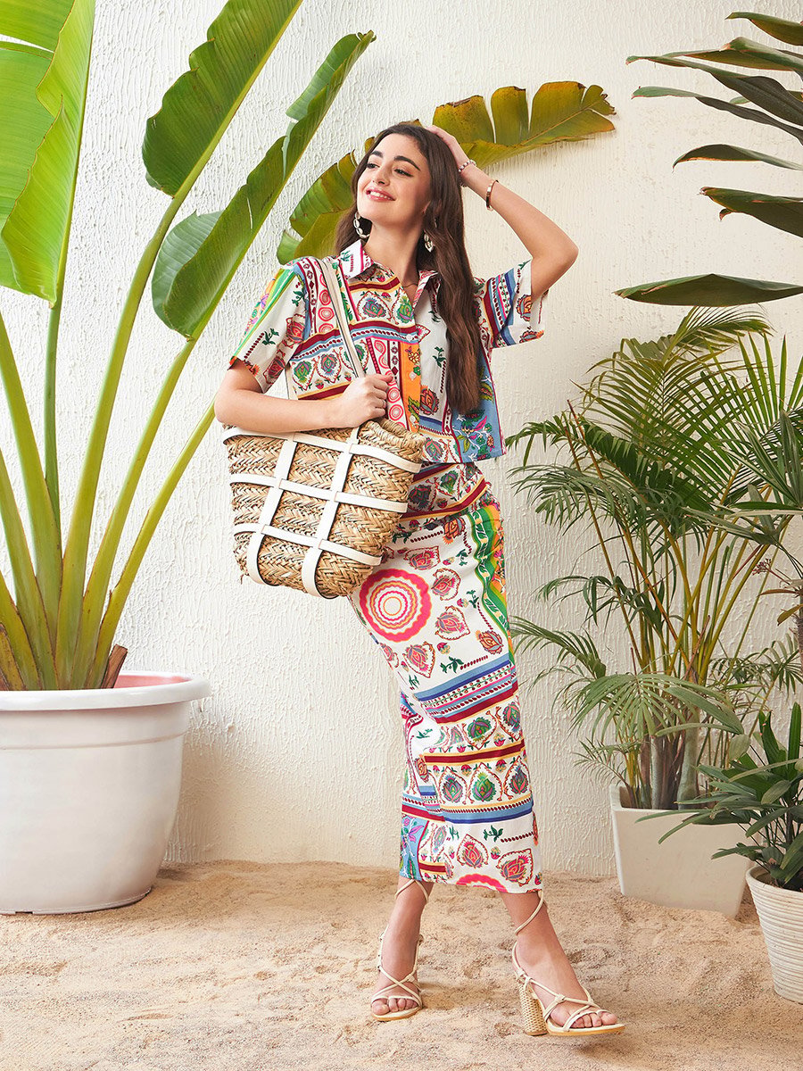 Abstract Print Short Sleeve Crop Shirt and Ruched Side Slit Skirt Co-Ord