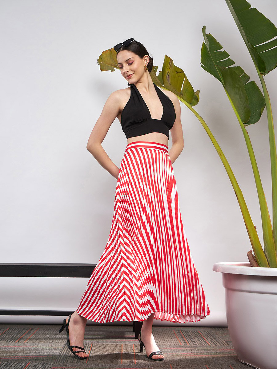 Striped Pleated A-Line Satin Skirt