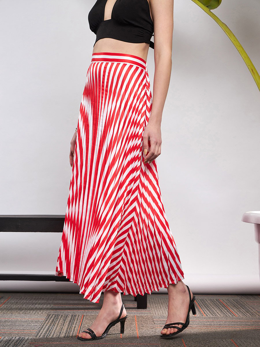 Striped Pleated A-Line Satin Skirt