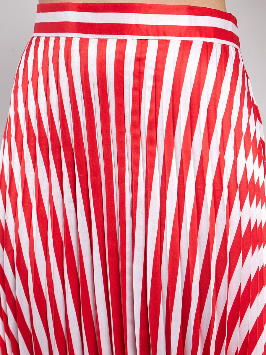 Striped Pleated A-Line Satin Skirt