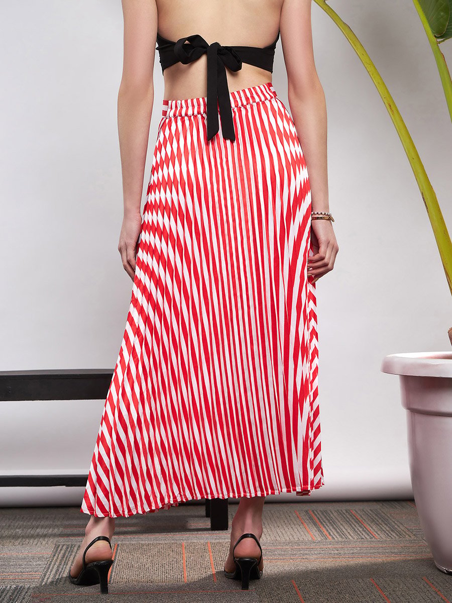 Striped Pleated A-Line Satin Skirt