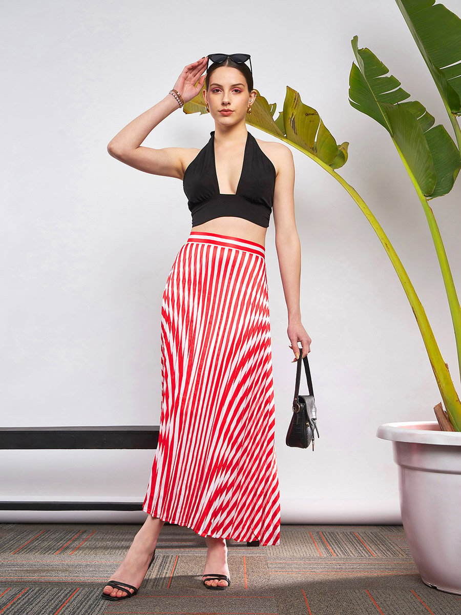 Striped Pleated A-Line Satin Skirt
