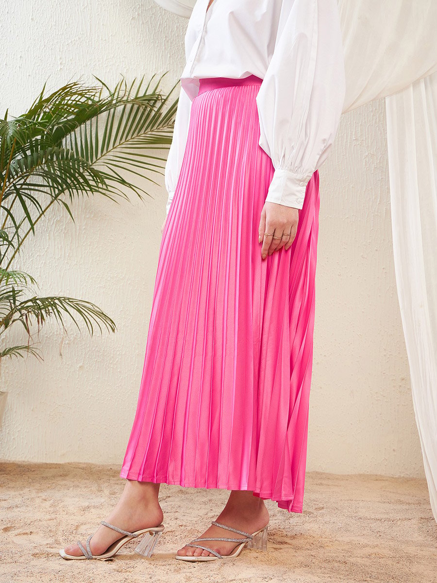 Pleated A-Line Satin Maxi Skirt