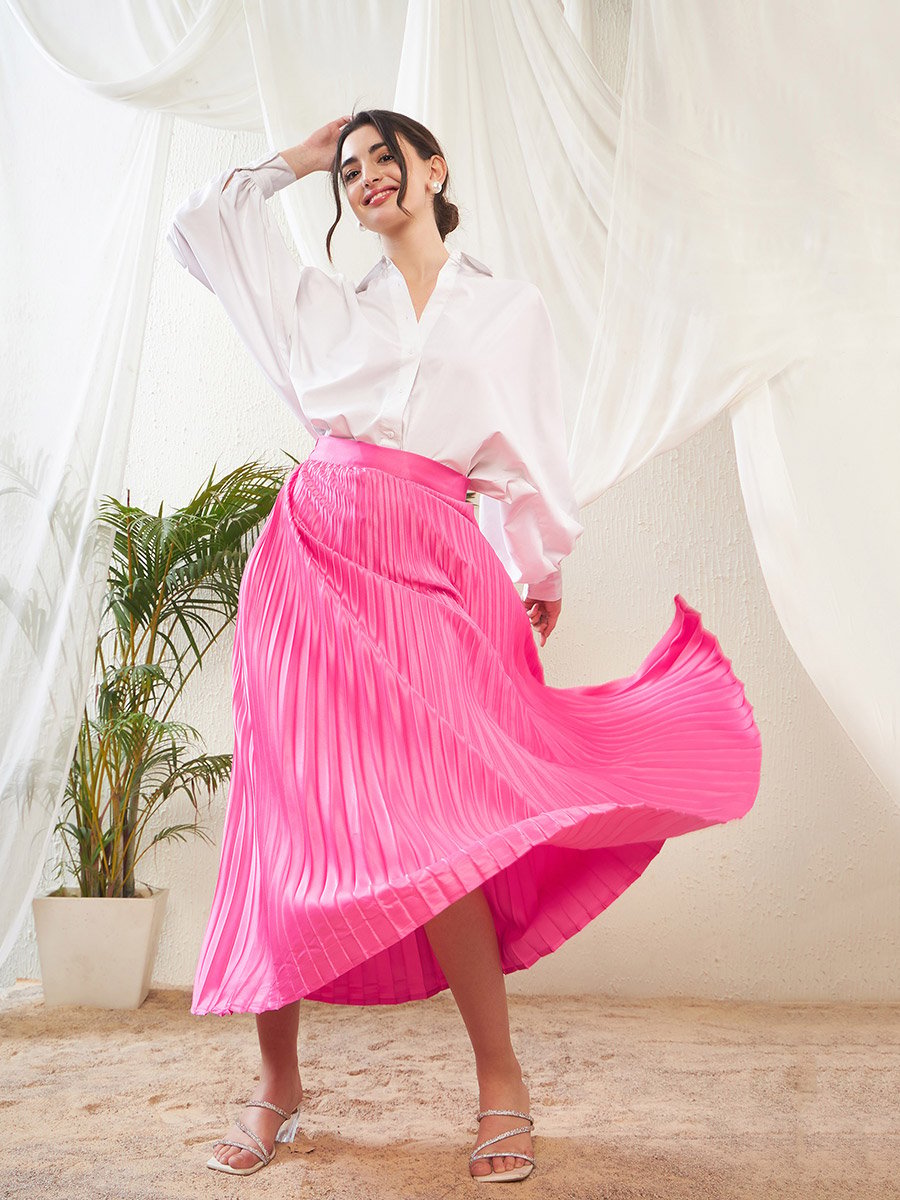 Pleated A-Line Satin Maxi Skirt