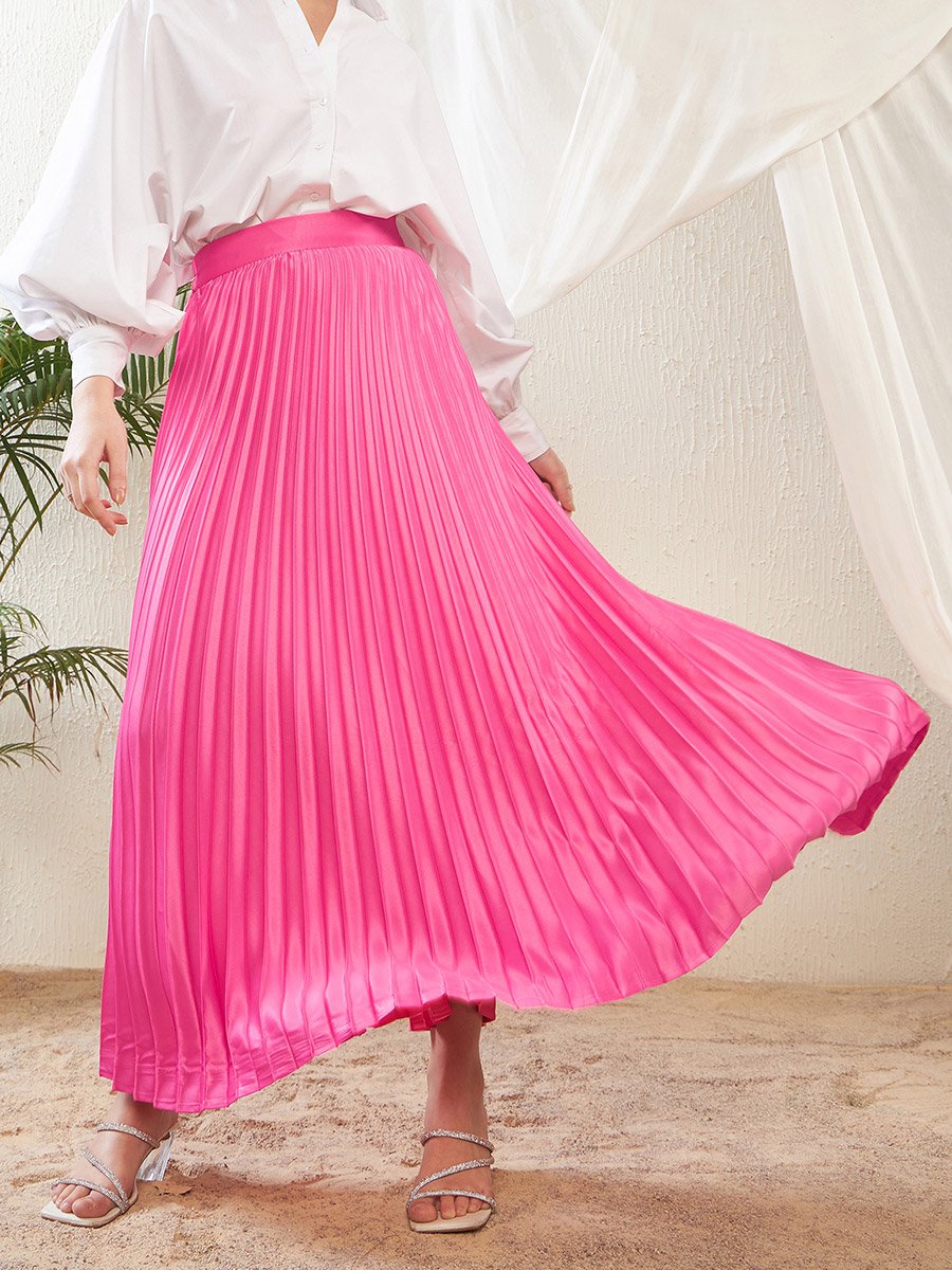 Pleated A-Line Satin Maxi Skirt